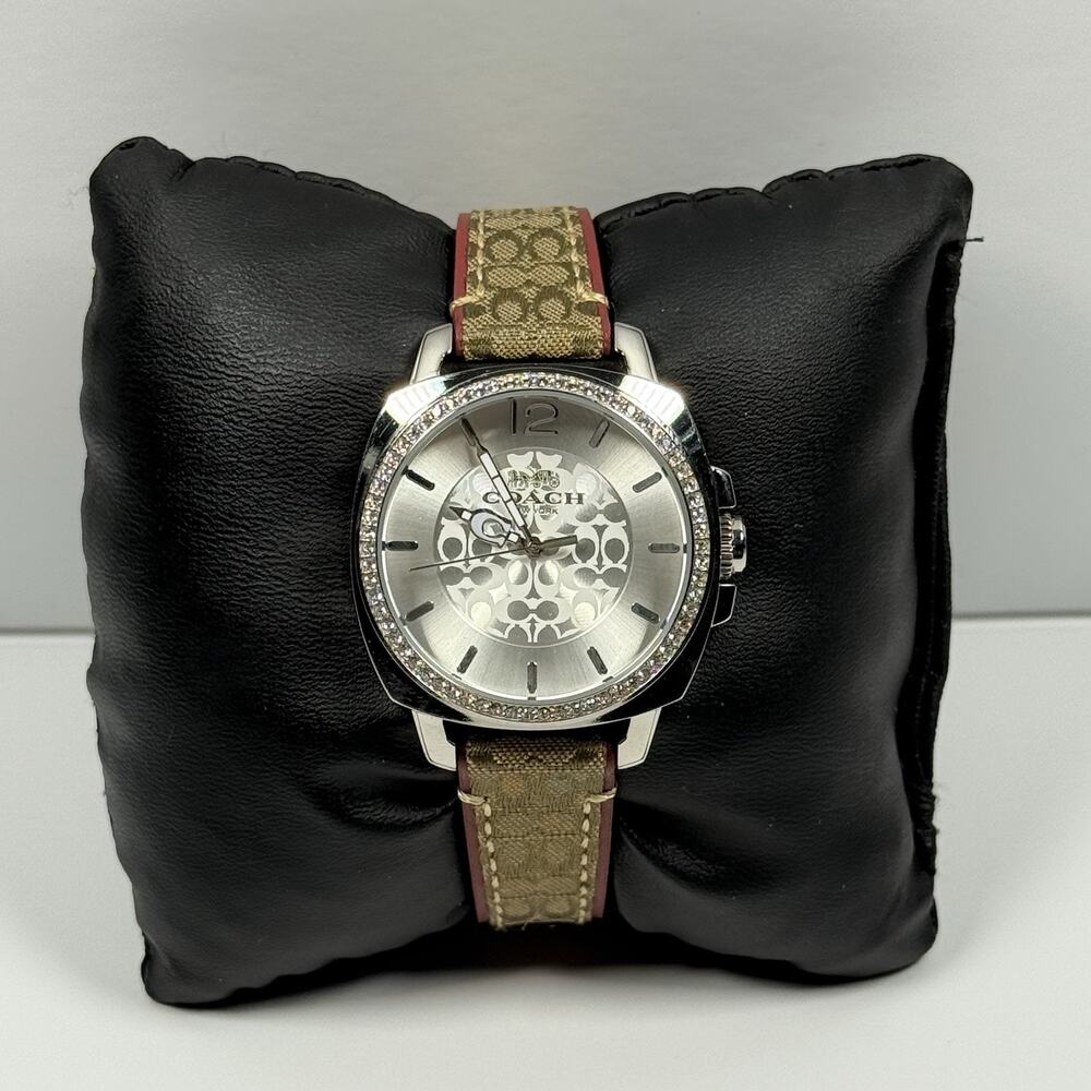 COACH 14503147 Boyfriend Brown Signature Leather Silver Steel Pave Women’s Watch